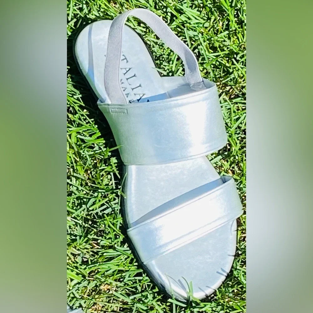 NWT Women Sz-6.5 ITALIAN SHOEMAKERS- Silver Flats Open Toe & Elastic Heal Straps